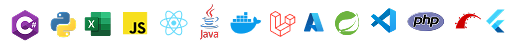 Logos de tecnologías que puedes aprender con los cursos de la Feria: c#, python, excel, javascript, react, java, docker, laravel, flutter