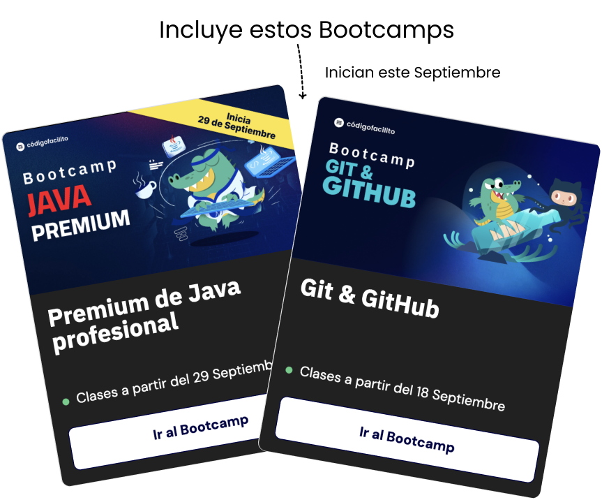 Tarjetas de bootcamps: Git & GitHub, y Java que se incluyen en Premium.