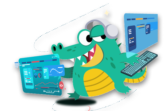 Cody, la mascota de Código Facilito, un cocodrilo, con unos audífonos y manejando dos pantallas que aparecen proyectadas sobre sus manos